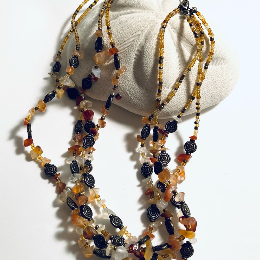 Polished Agate Chip Necklace with Czech Glass Beads and Embossed Metal Spacers